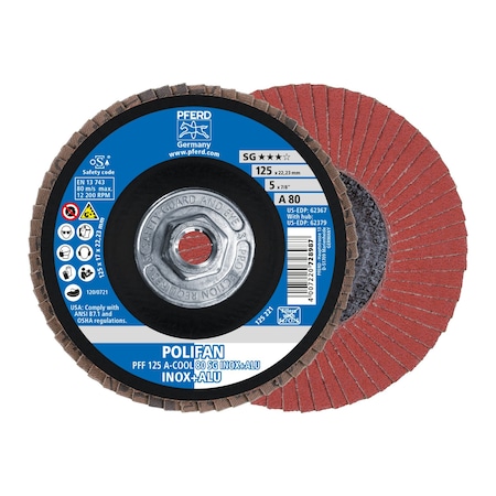 Pferd 5" x 5/8-11 Thd. POLIFAN Flap Disc - A-COOL SG INOX+ALU, Aluminum oxide, 80 Grit, Flat 62379